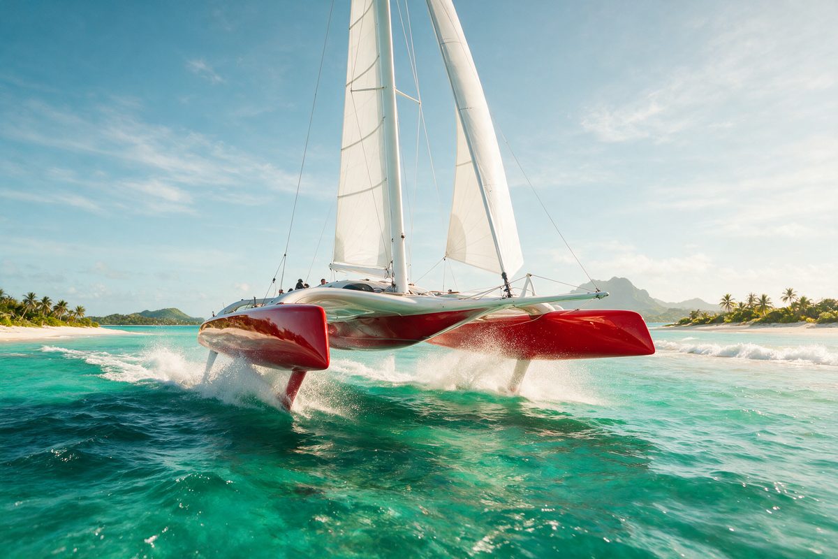 AI-generated image of a modern racing catamaran with twin red-painted hulls foiling across a turquoise lagoon