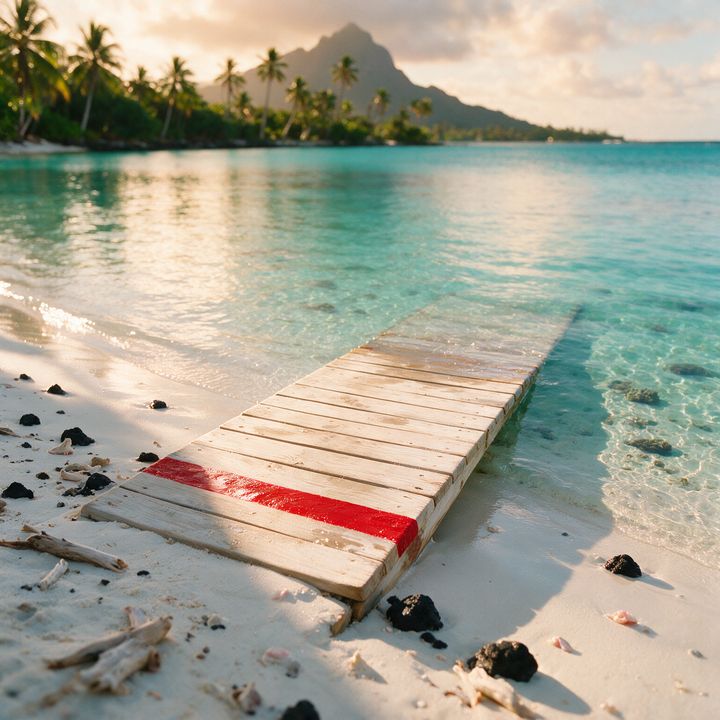 AI-generated image of wet sand at a lagoon waterline, a stripe of red paint on wet wood