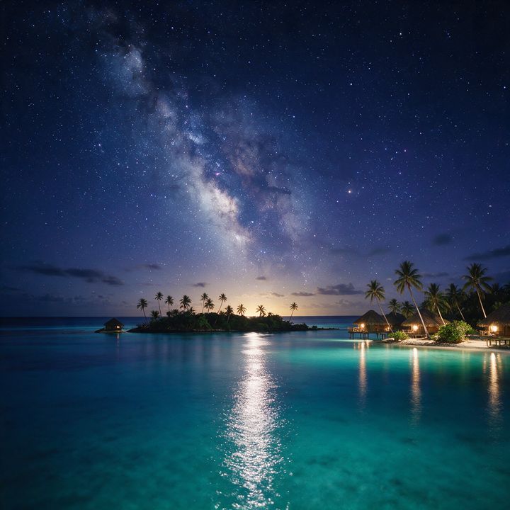 AI-generated image of a star-filled night sky over a calm ocean horizon