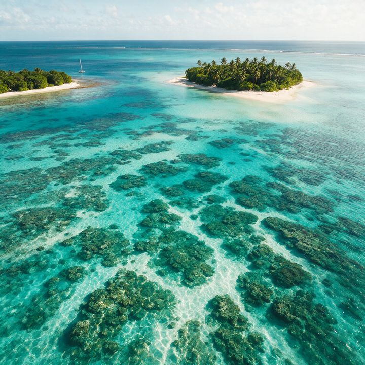 AI-generated aerial image of a turquoise coral reef pattern through shallow lagoon water