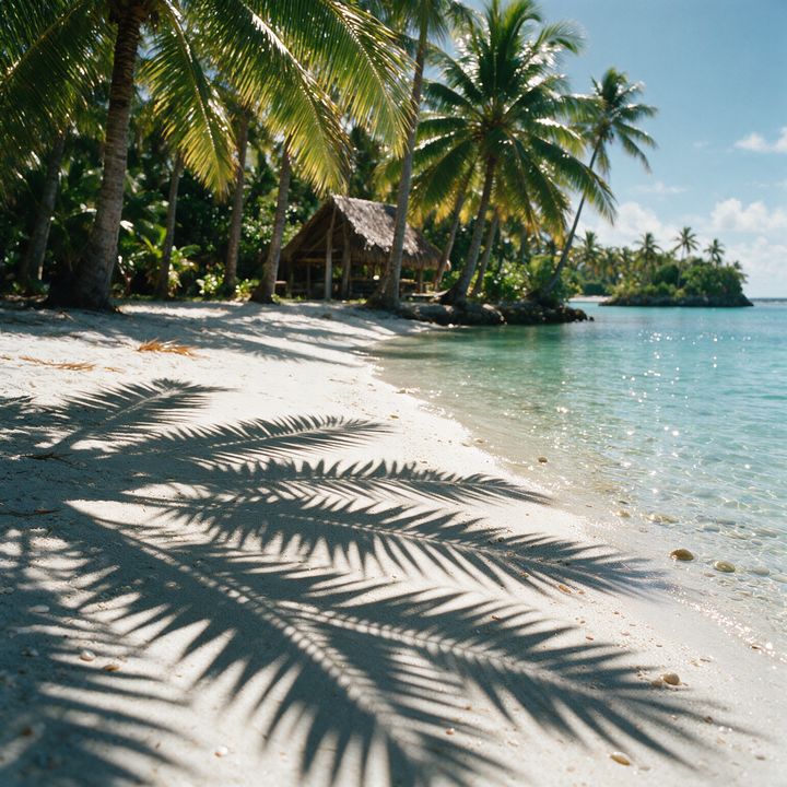 AI-generated image of palm frond shadows cast on white sand