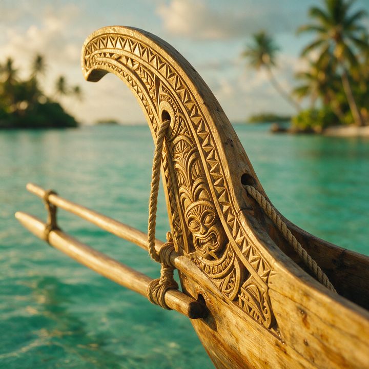 AI-generated image of a hand-carved traditional wooden outrigger canoe prow with intricate patterns