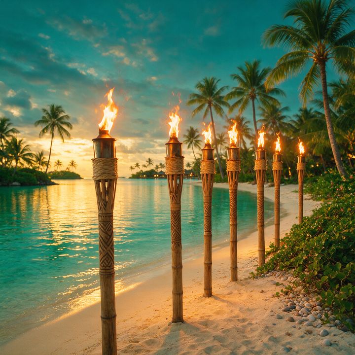 AI-generated image of lit tiki torches along a beach at dusk