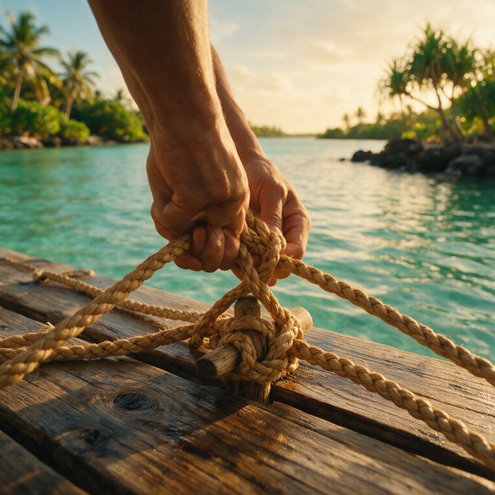 AI-generated macro image of hands tying a traditional rope lashing knot