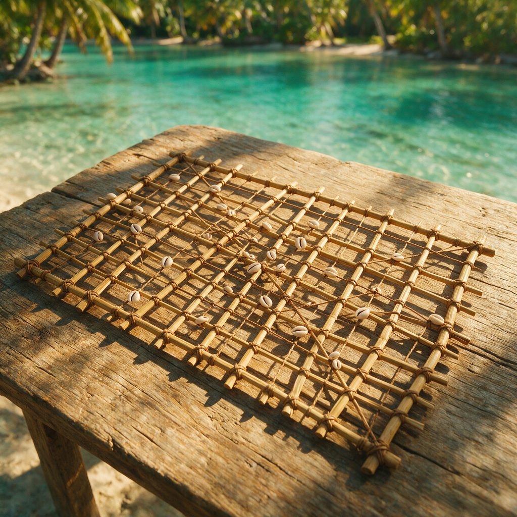 AI-generated image of a traditional Polynesian stick navigation chart made of palm ribs and cowrie shells on a wood table