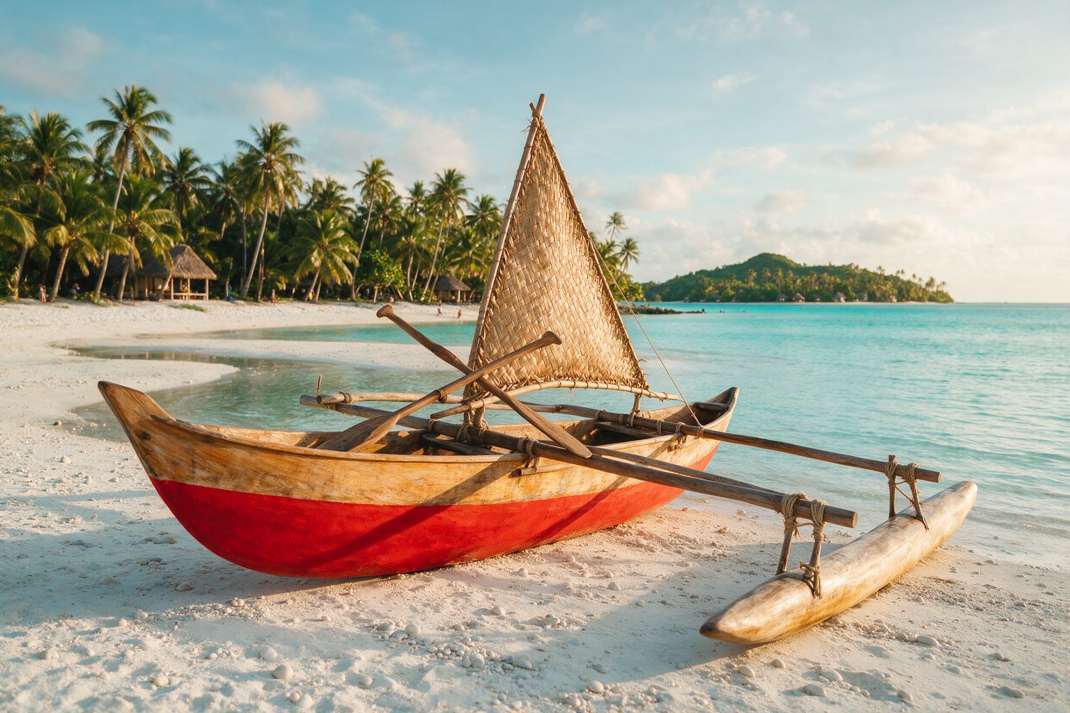 AI-generated image of a traditional outrigger canoe resting on white sand at low tide, lower hull painted brilliant antifouling red, palm trees along the shore