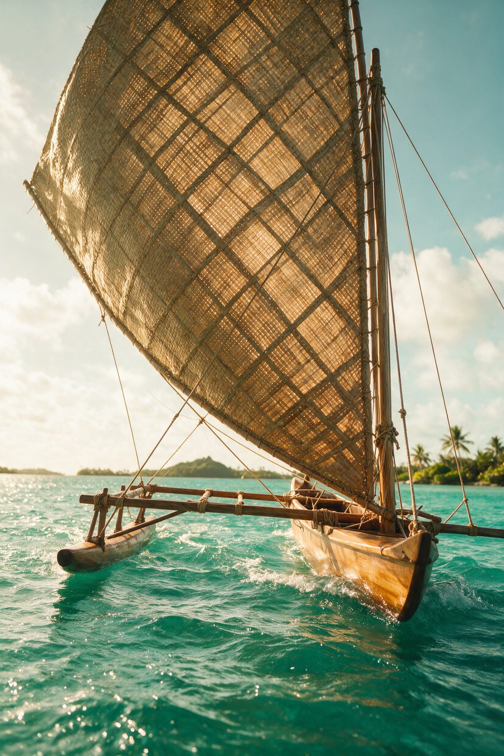 AI-generated image of a traditional woven pandanus sail filled with trade wind on an outrigger canoe against a bright sky