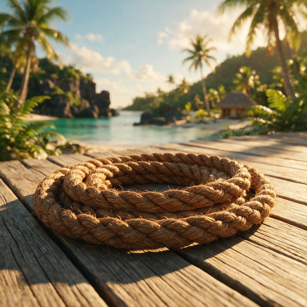AI-generated macro image of coiled traditional coconut-fiber sennit rope on a sun-bleached wood deck