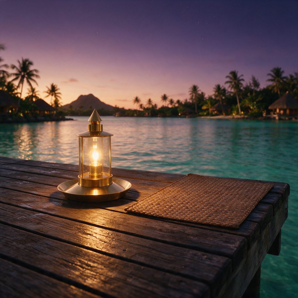 AI-generated image of a modern brass beacon lamp glowing at dusk on a lagoon dock beside a woven pandanus mat, first stars appearing